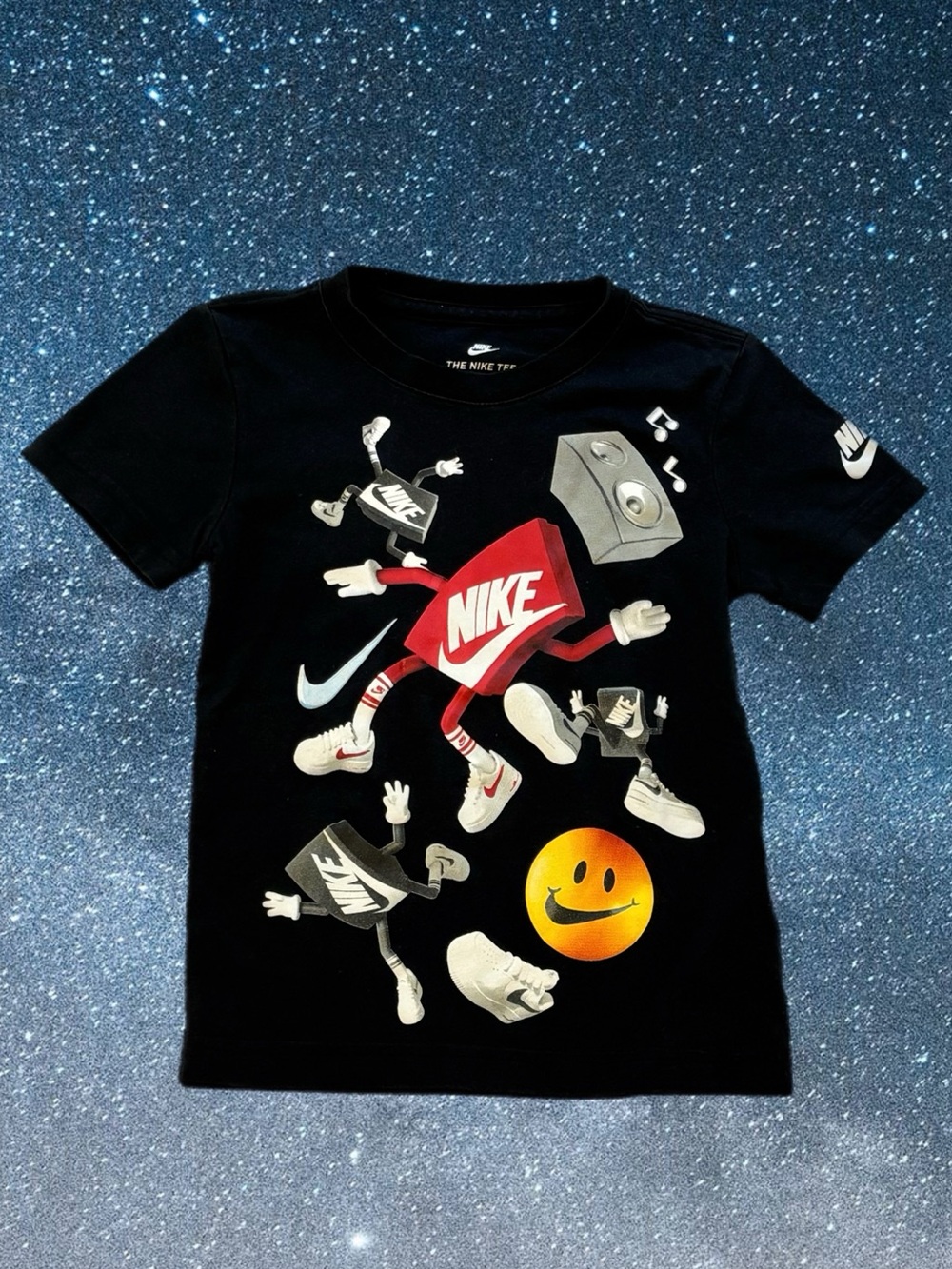 Nike Boys Graphic T-Shirt Black Size 4 XS Swoosh Characters